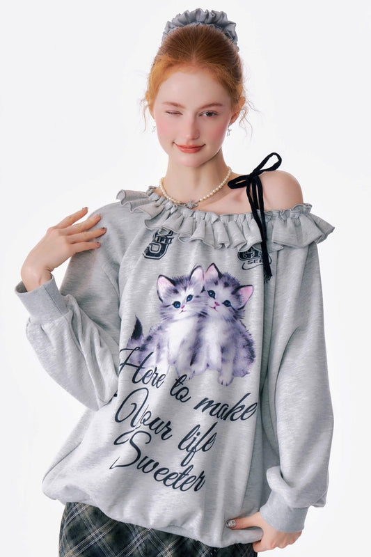 ziziFei Herbst und Winter amerikanischen Retro-Design Sinn schrägen Schultern lose faul Stil Katze drucken off-the-shoulder Sweatshirt Frauen