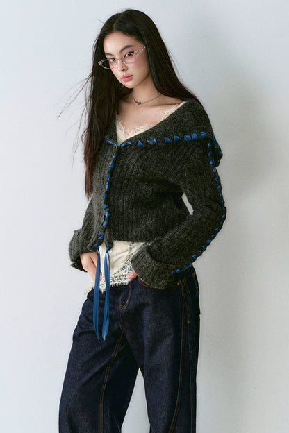 Lace Panel Sweater Jacket with Contrasting Knit Cardigan Vest