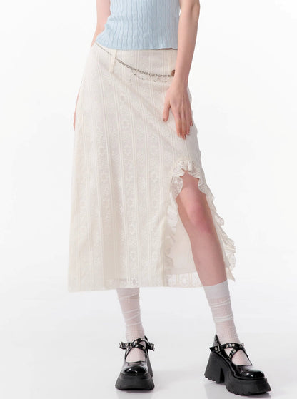 High-Waisted Ruffle Lace Midi Skirt