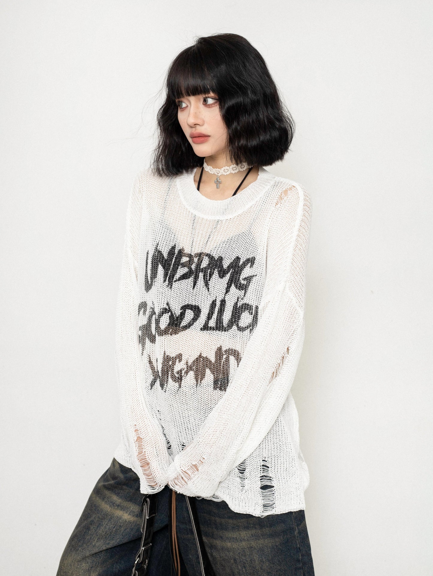 Light Mesh Graffiti Knit Top