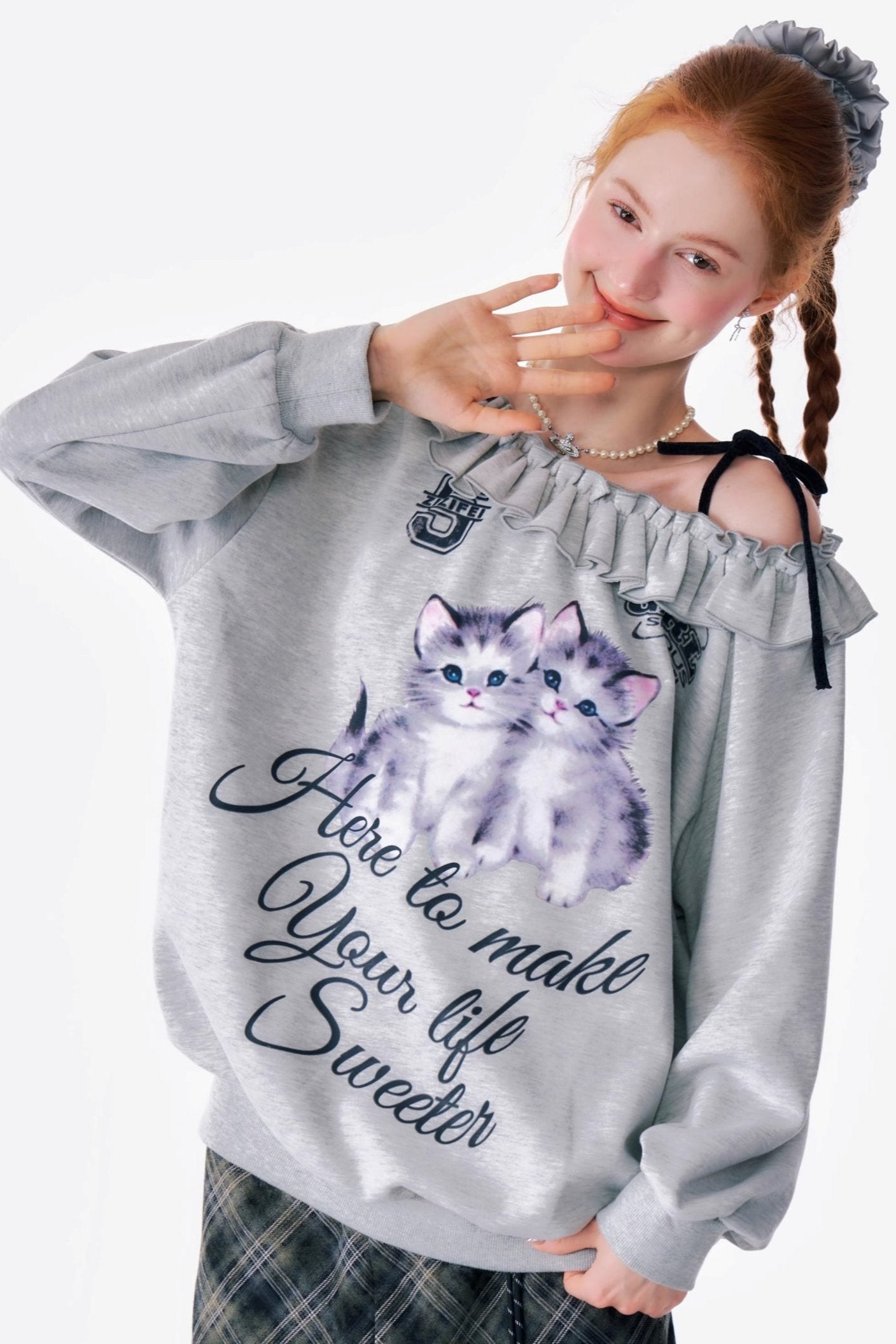 Retro Slanted Shoulder Cat Print Sweatshirt