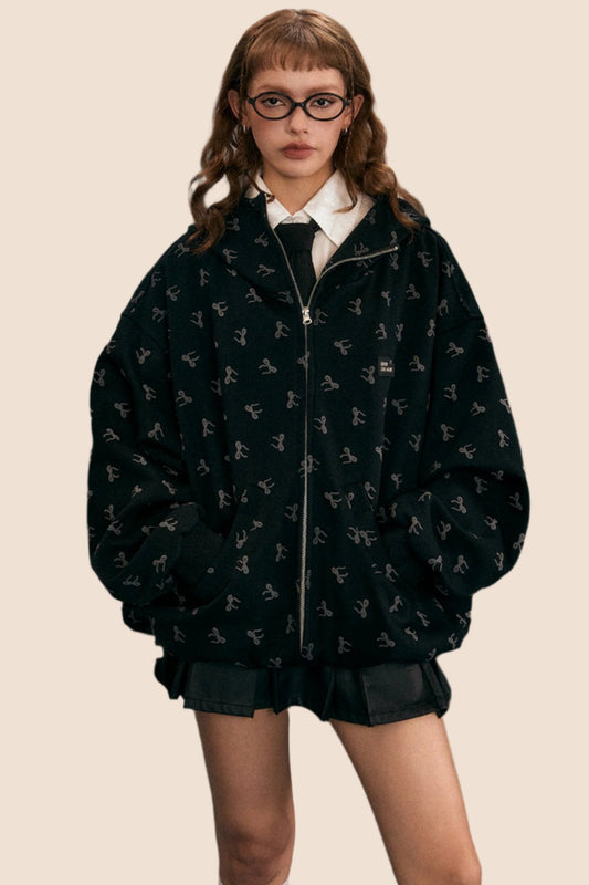 Loose Bow Print Hooded Jacket