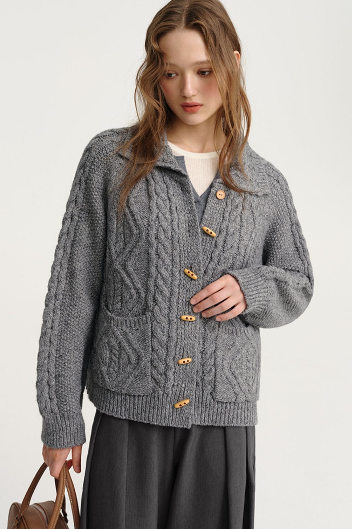 DESIGNER PLUS GREY WOOL-BLEND ROLL-NECK KNIT FALL 2024 VINTAGE CABLE SWEATER JACKET