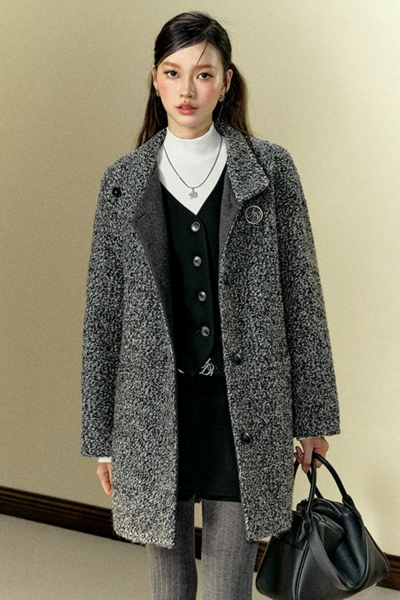 Mid-Length Woolen Stand-Collar Coat