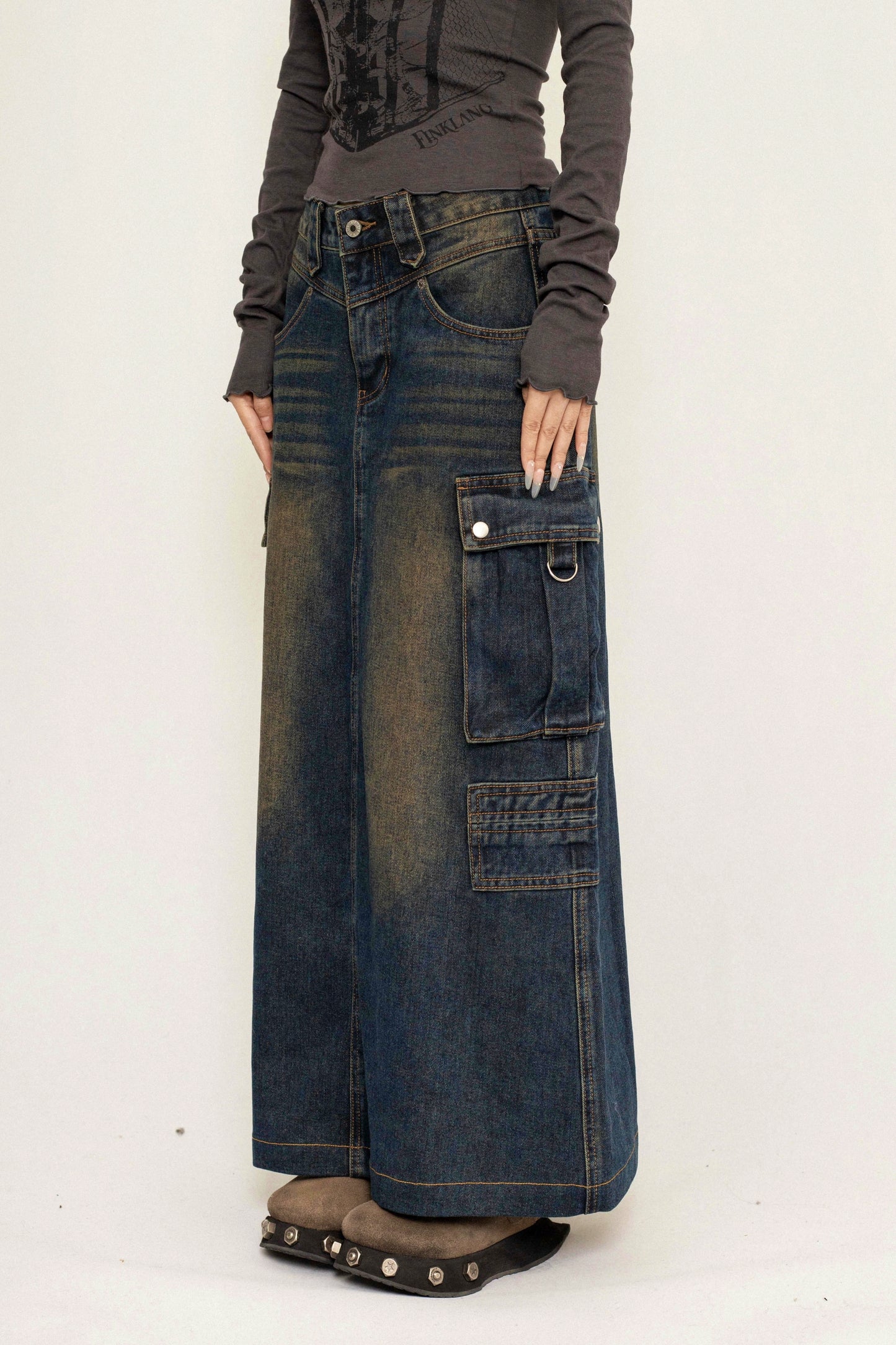 OCTTFLAB Original Fall/Winter American Retro Style Denim Skirt Long Design Pocket Long Skirt Women