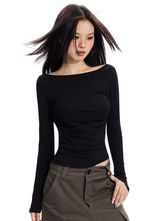 APEAOffice Siren gerader Ausschnitt, offener Rücken, plissierte Taille, schmale Taille, Langarm-T-Shirt, Premium Slim Top
