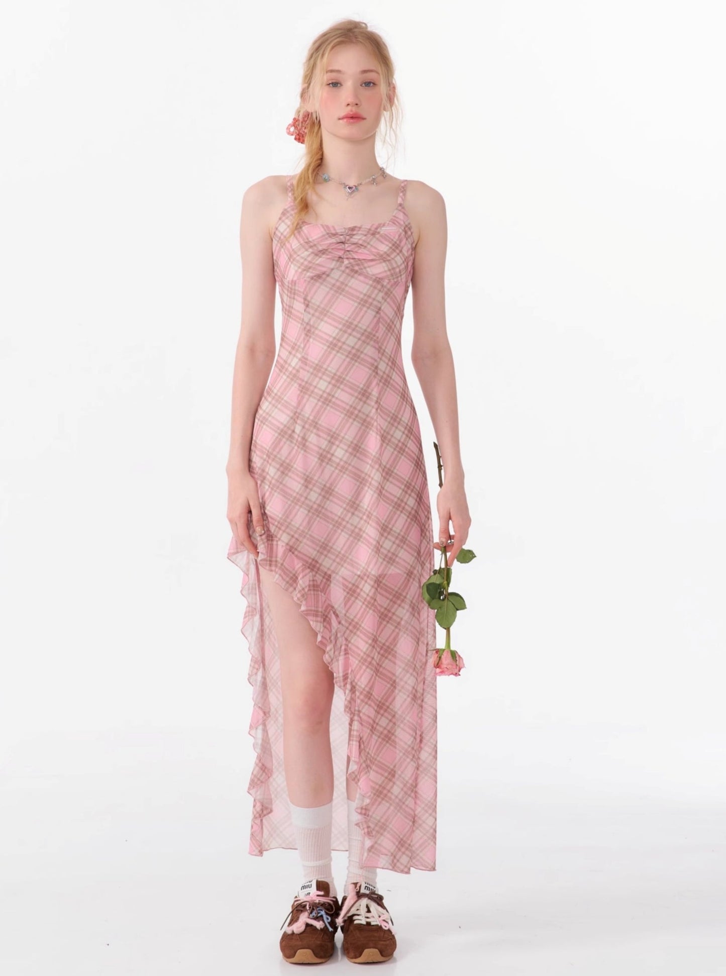 Pink Check Irregular Slip Dress