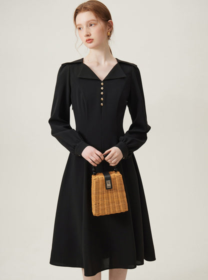 French Elegant Navy A-Line Dress