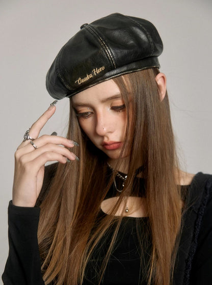 Black Embossed PU Pi Beret Hat