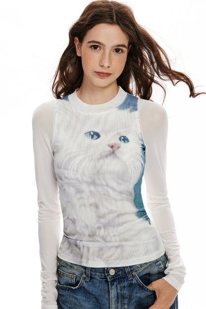 APEA Katze drucken slim fit Rundhalsausschnitt Langarm-T-Shirt Frauen abgeschnitten Stretch-Panel gefälschte zweiteilige weißes Mesh-Top