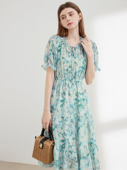 Pressed Pleats Gentle A-Line Floral Dress