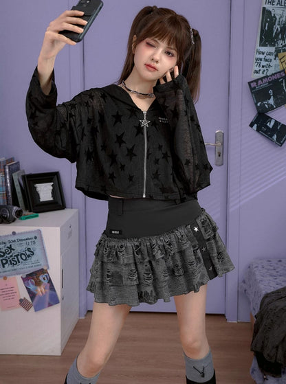 SagiDolls Teenage Fighting Spirit Black Ripped Newspaper Print Millennial Cool High Waisted Cake Rock Hottie Skirt