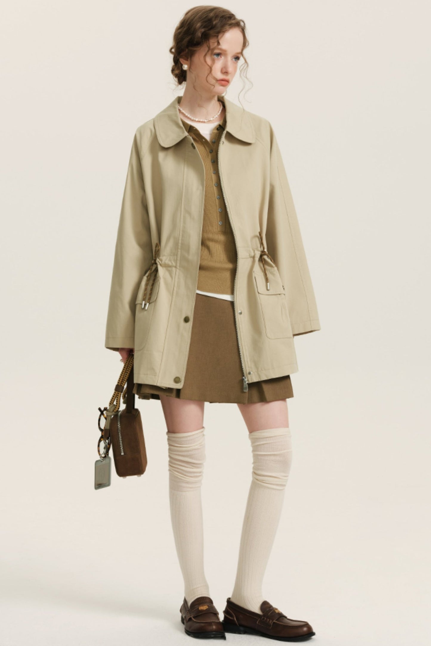 Khaki Midi Drawstring Trench Coat