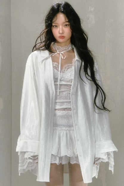 SALTHe Salt Tea, Jasmine White Moss, Pure Lust, Lace Patchwork Shirt, Bow Back Collar, Cut-out Top