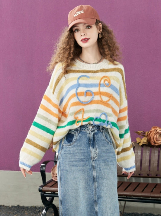 Loose Striped Mohair Knit Sweater Top