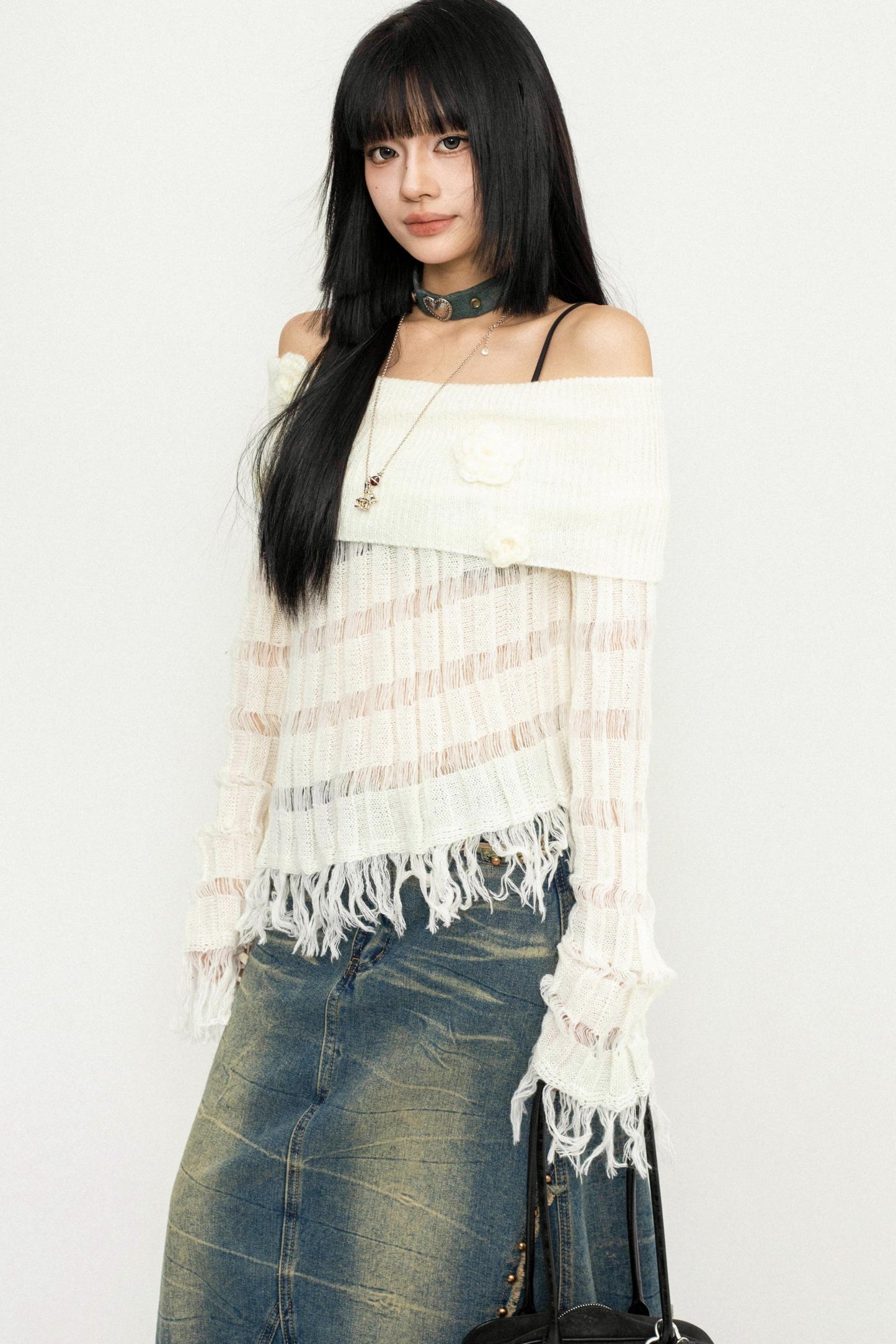 Off-Shoulder Tassel Knit Sweater