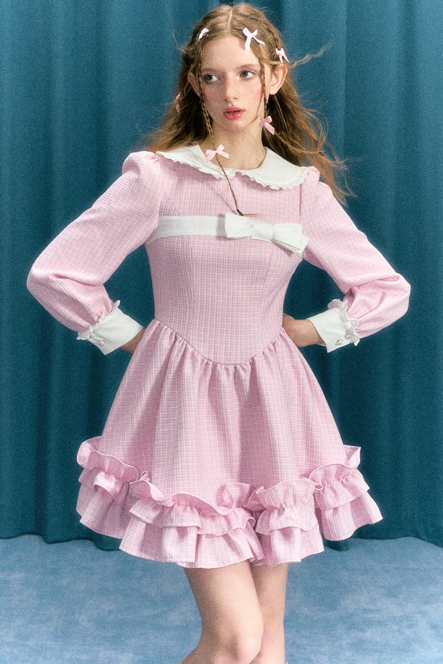 Pink Check Puff Sleeve Princess Dress