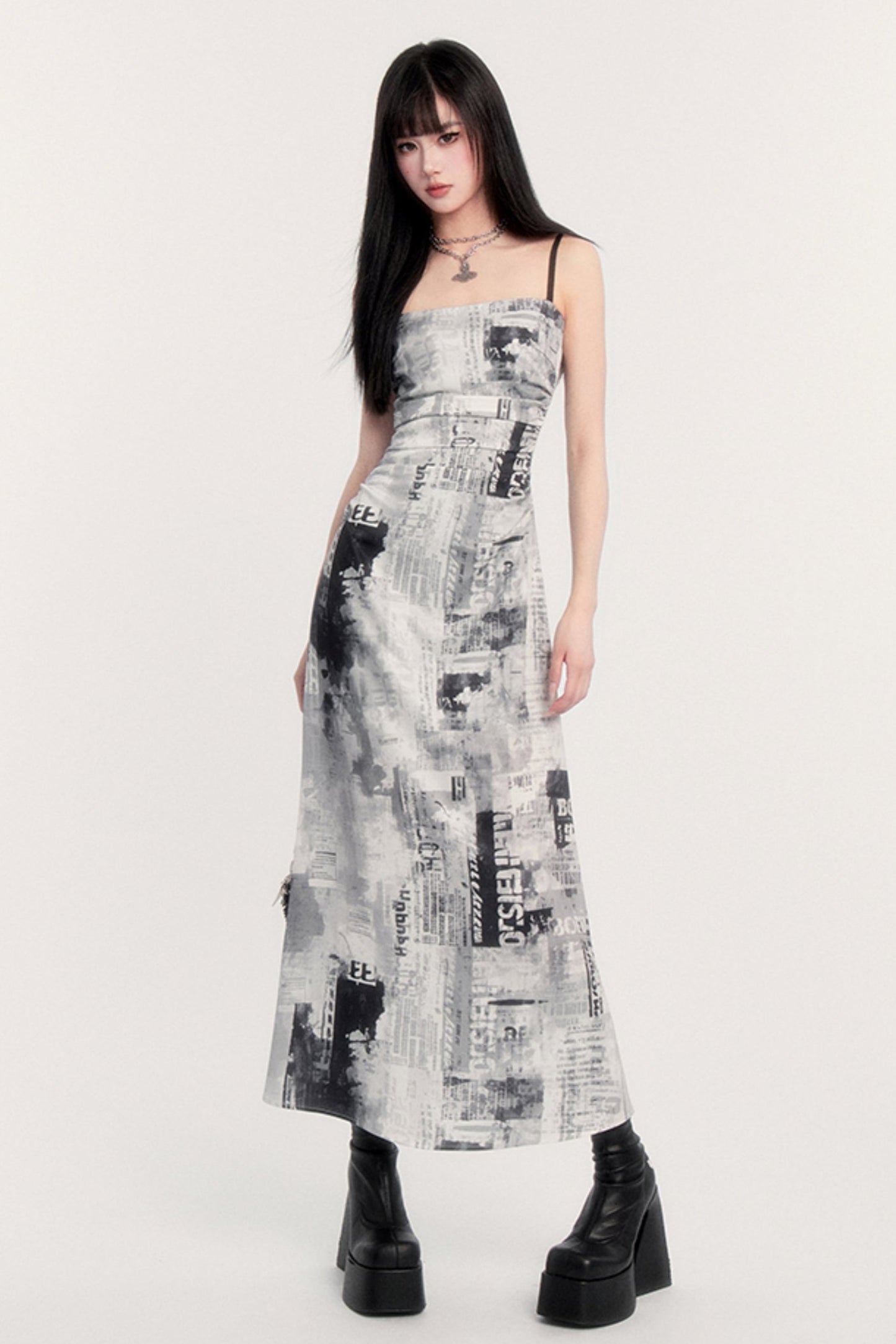 Retro Punk Pictorial Print Slip Dress