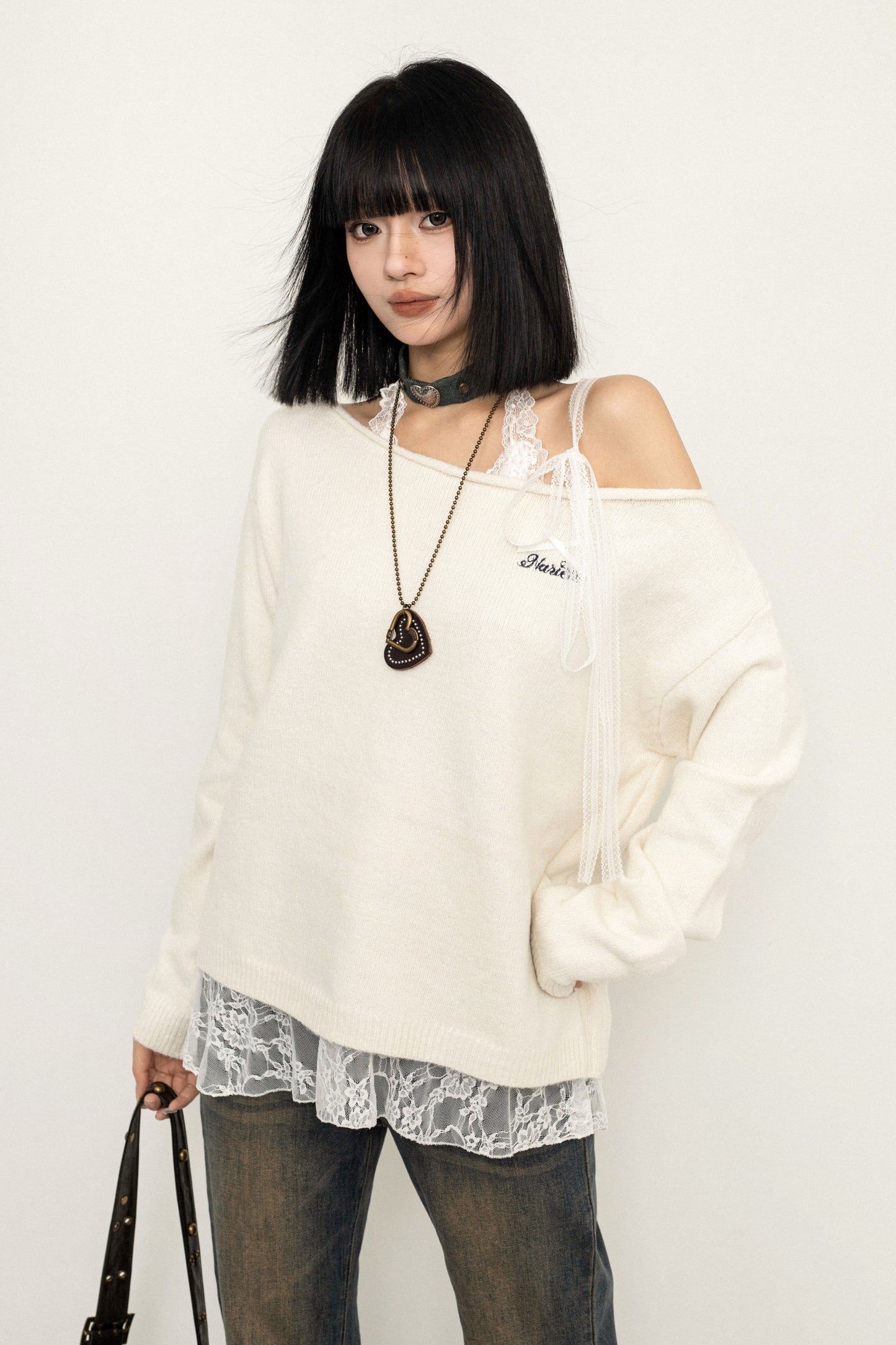 Lace Tie Slanted Shoulder Knit Sweater