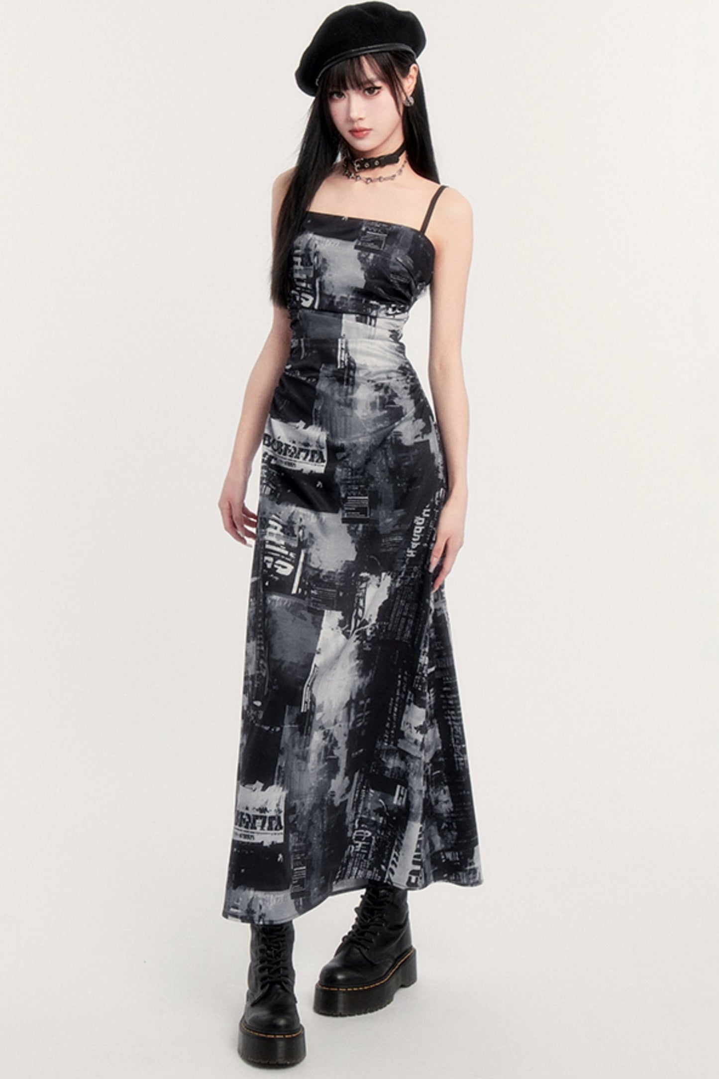 Pictorial Print Slim Long Slip Dress