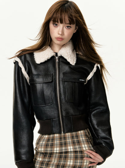 American Vintage Cropped Lambswool Leather Jacket