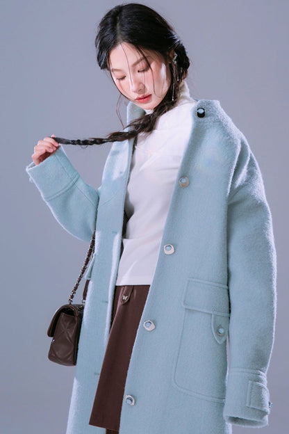 Blue Waxy Wool Long Coat