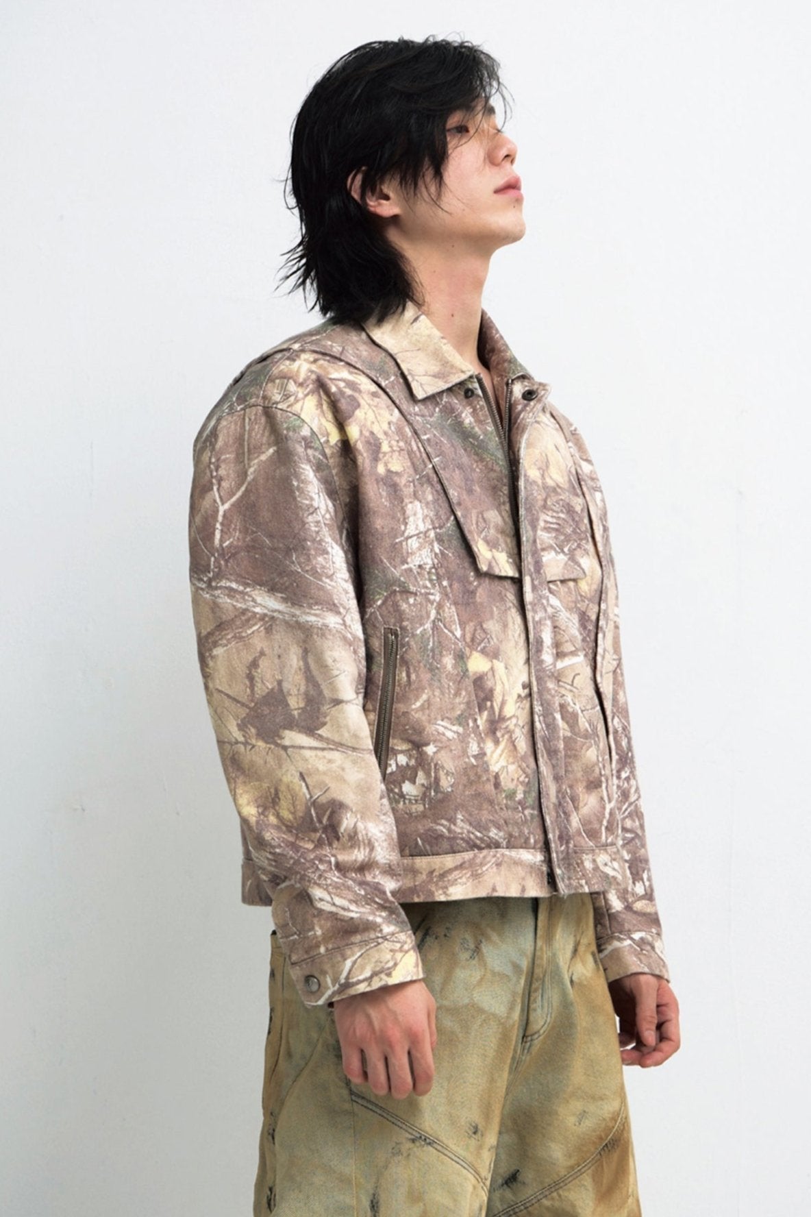 PEOPLESTYLE CAMOUFLAGE TOTHOLZ DENDRILL ROLL-LAPEL CARGO JACKET GENDERLESS VINTAGE WASHED CARDIGAN JACKET