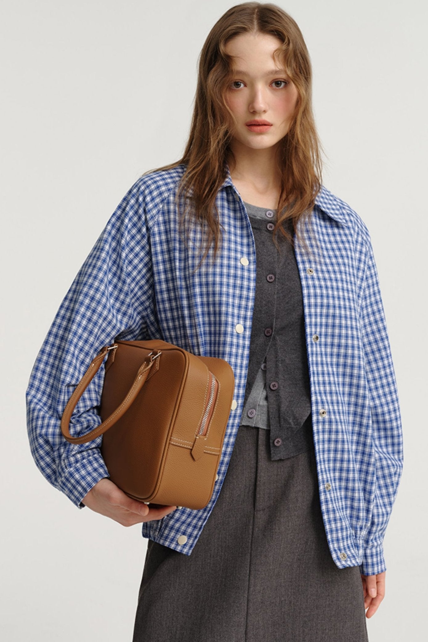 DESIGNER PLUS VINTAGE BLUE PLAID JACKET SHIRT WOMEN'S AUTUMN NEW CASUAL WAIST SHIRT SHORT JACKET