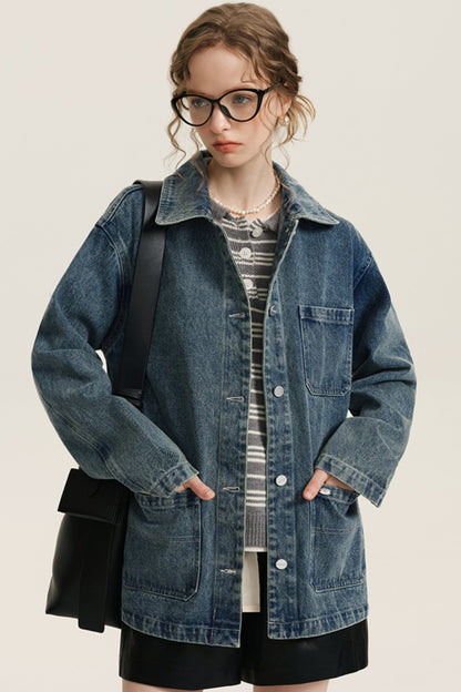 Vintage Washed Denim Cargo Coat