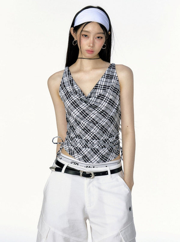 Cinched Waist Plaid Suspenders Top