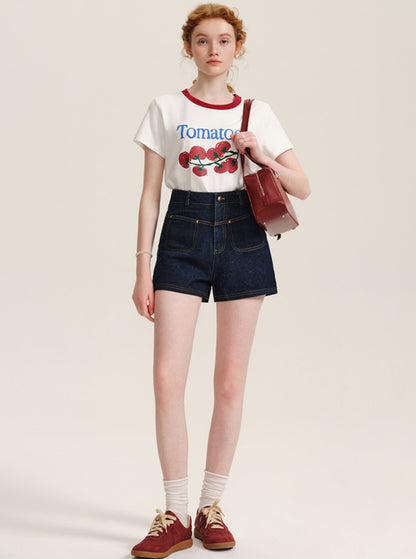 Contrast Topstitch Denim Shorts Pants