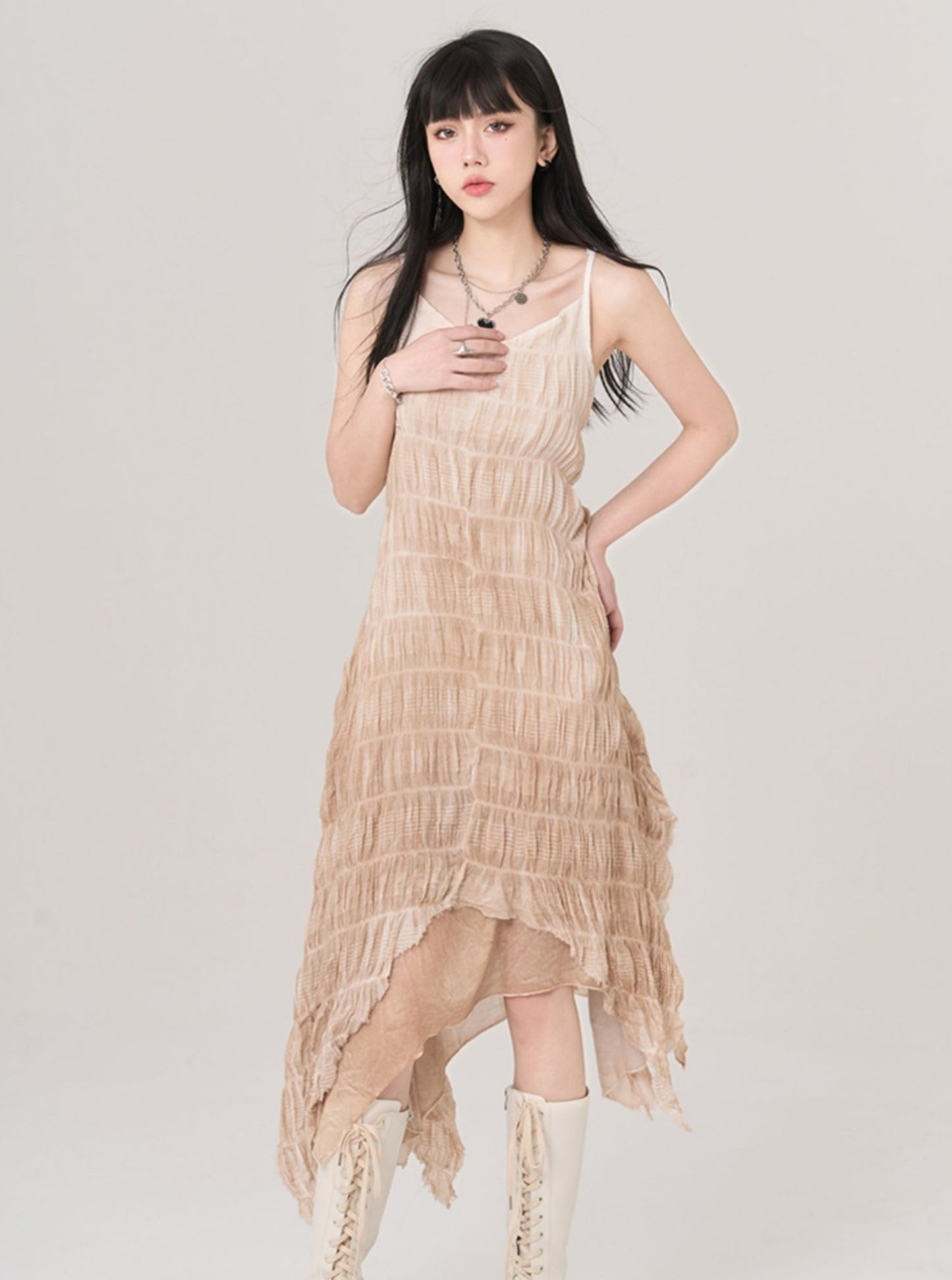 Irregular Hem Pleated Slip Dress