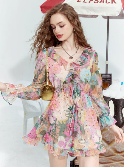 French V-Neck Waist Floral Dress