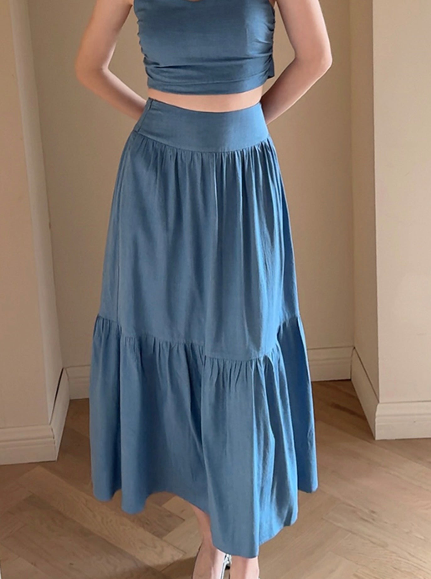 French Back Bow Blue Top And Skirt Set-Up