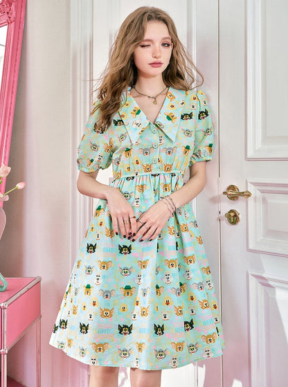 Full Print Waist Puff Sleeve Dress