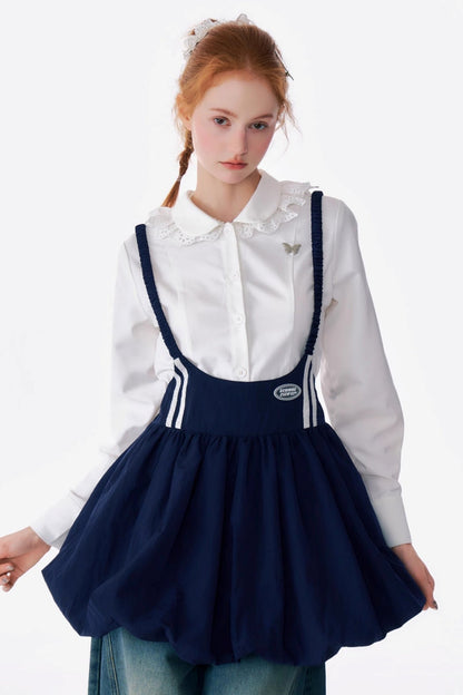 Retro Dark Blue Sportswear Puffy Strap Skirt