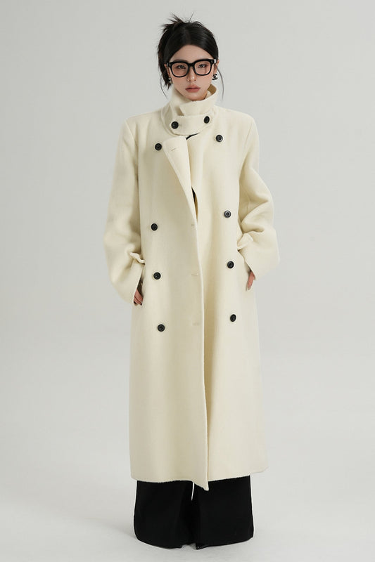 White Long Stand Collar Wool Coat