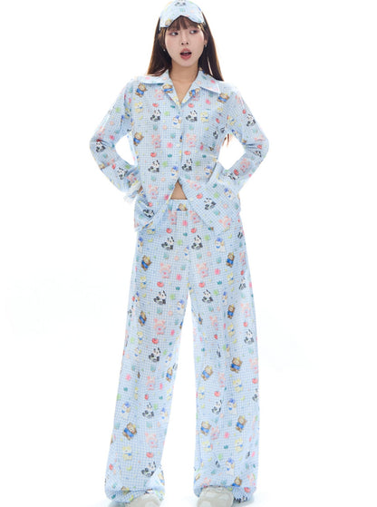 APEA sleepy bear puppy lazy long-sleeved pajamas cotton cute cartoon print parental pants two-piece suit