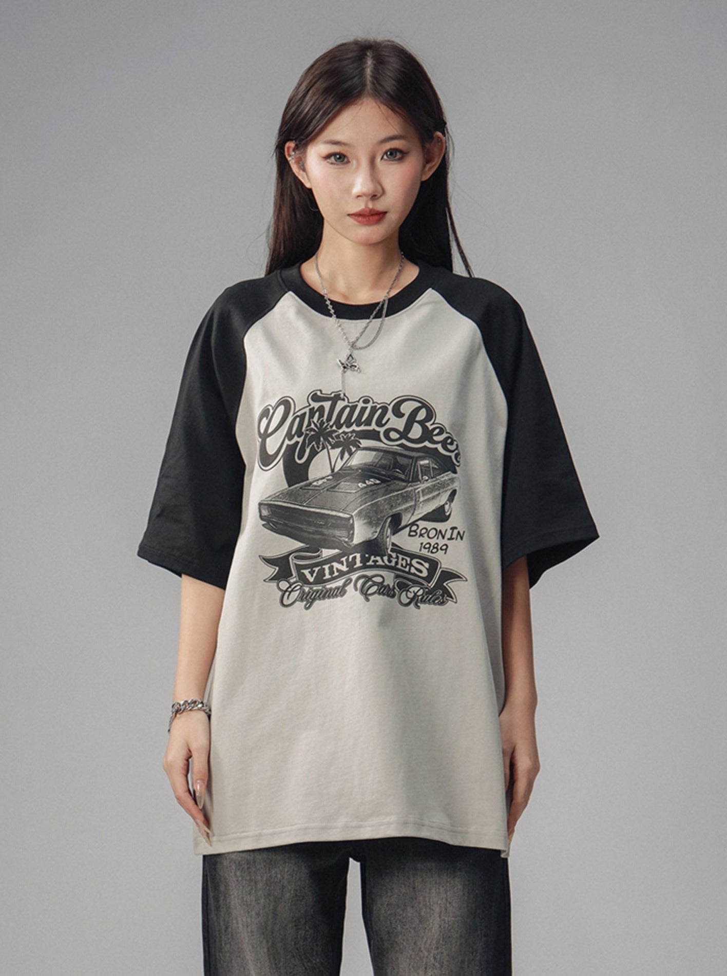 Retro Car Raglan Sleeve Short Sleeve Top