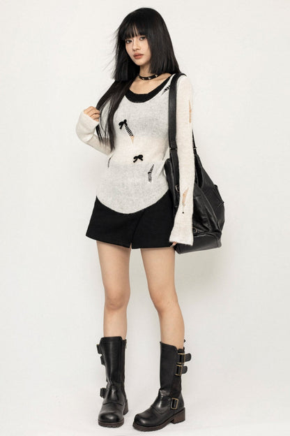 Long-sleeved Bow Design Slouchy Top