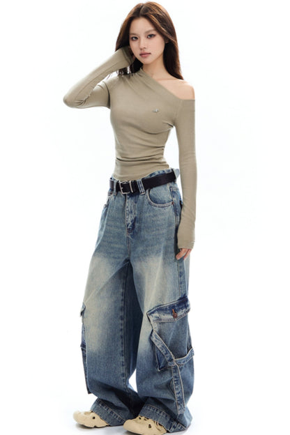 APEA American Retro Wash Distressed Cargo Jeans Women's Fall 2024 New Loose Straight Wide Leg Pants