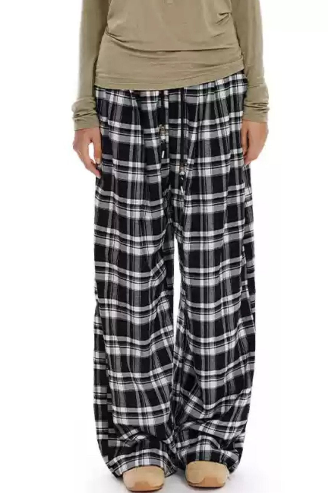 Checked Loose Wide-Leg Pants