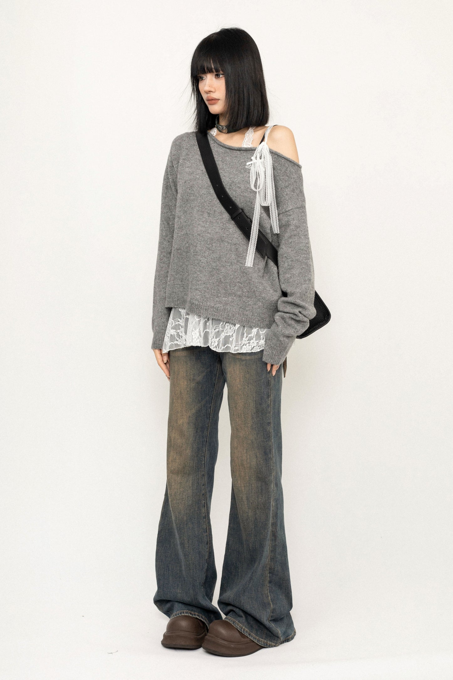 Lace Tie Slanted Shoulder Knit Sweater