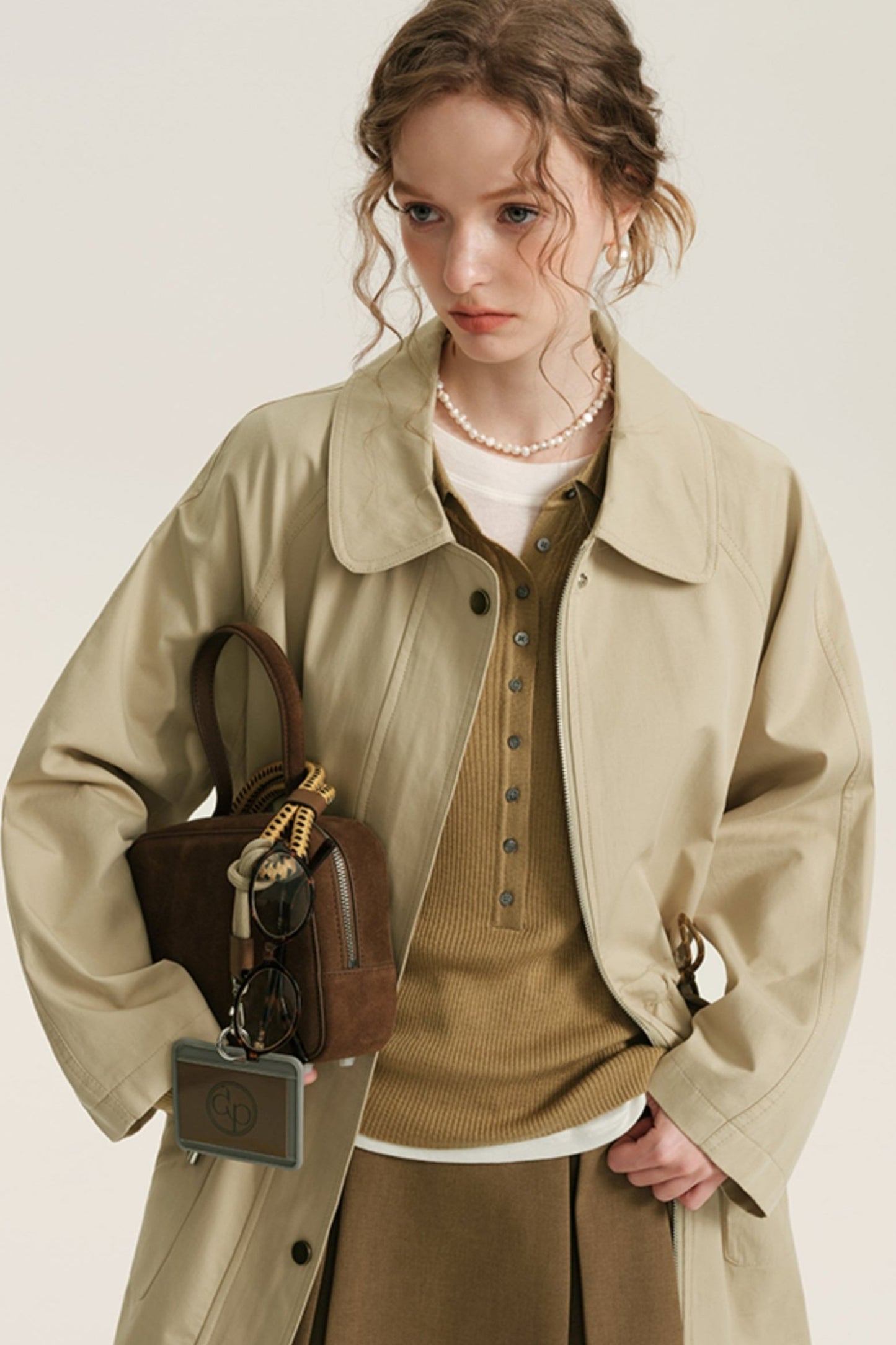 Khaki Midi Drawstring Trench Coat