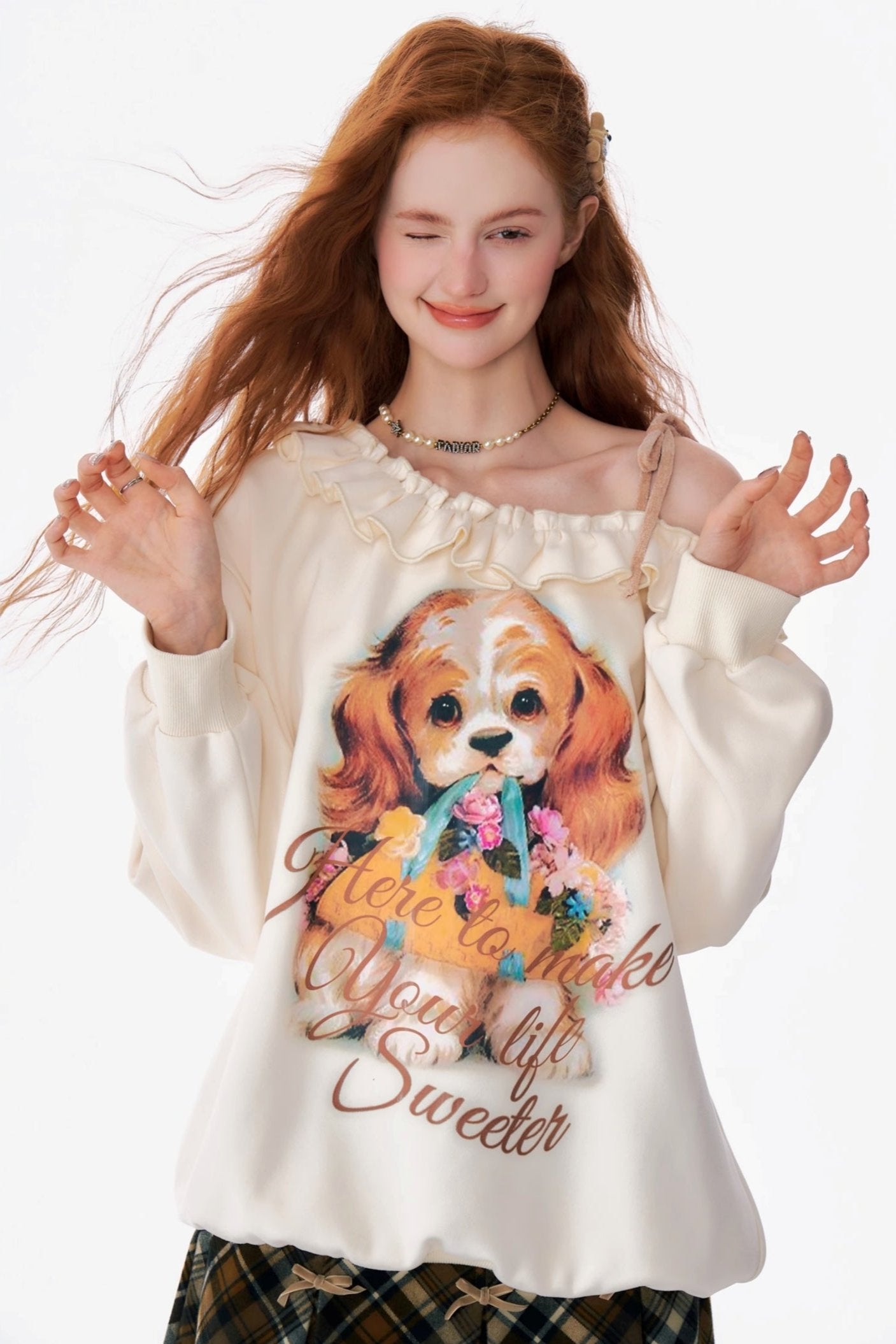 ziziFei Herbst und Winter amerikanischen Retro-Design Sinn einzeiligen Schulter lose faulen Wind Hund drucken off-the-shoulder Sweatshirt Frauen