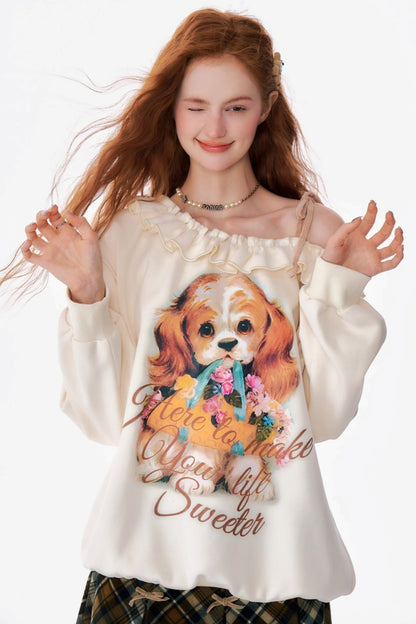 Dog Print Retro Off-Shoulder Sweatshirt