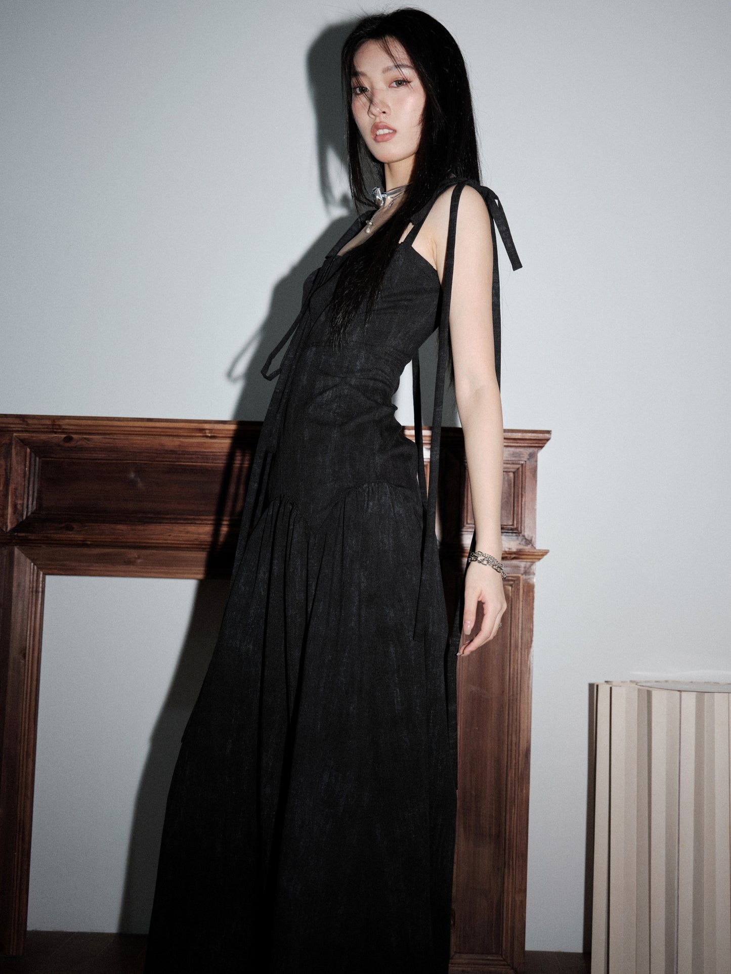 Dark Elegant Hollow Tie Maxi Dress