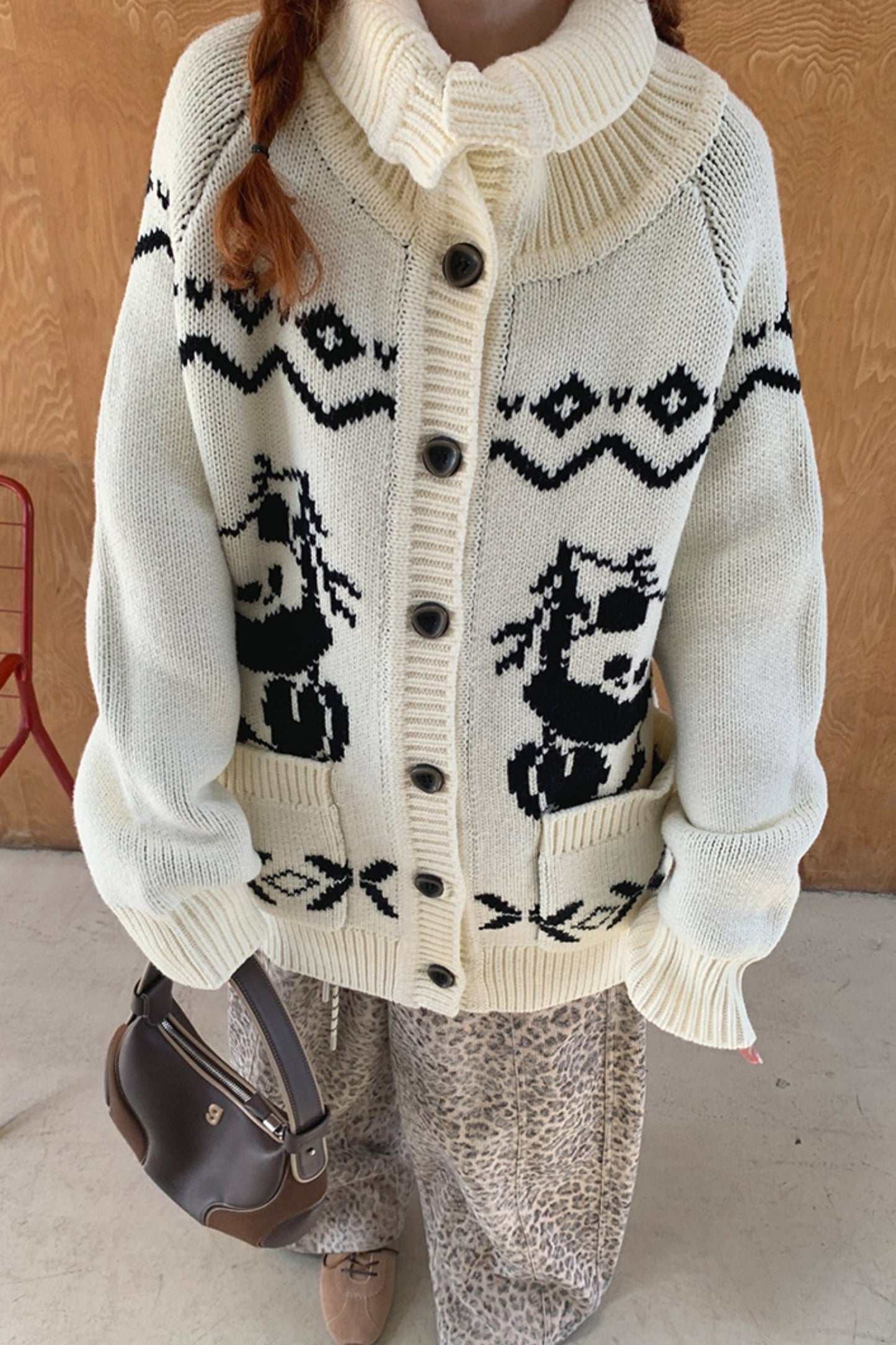 Fun Girly Panda Contrast Vintage Knit Jacket