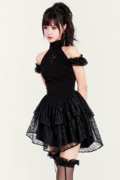 Gothic Cross Cut-Out Tutu Dress With Shorts Legging Set-UP