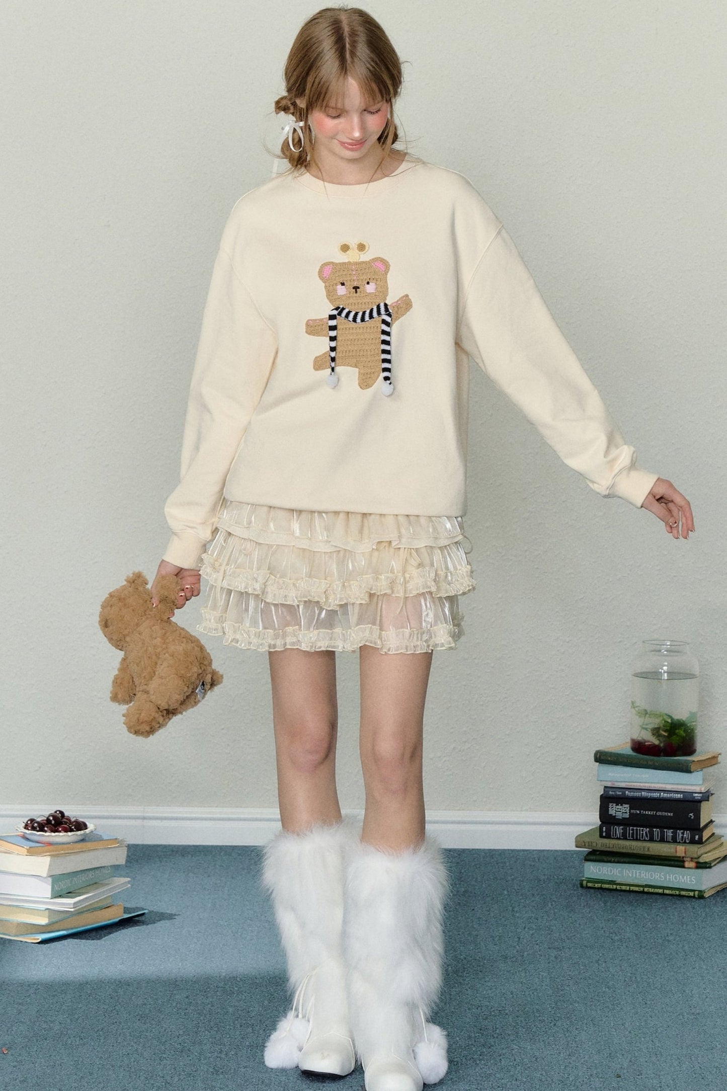 AYF Clockwork Dancing Bear Pullover Sweatshirt Pre-Fall French Vintage Embroidery Loose Slouchy Round Neck Sweatshirt Women